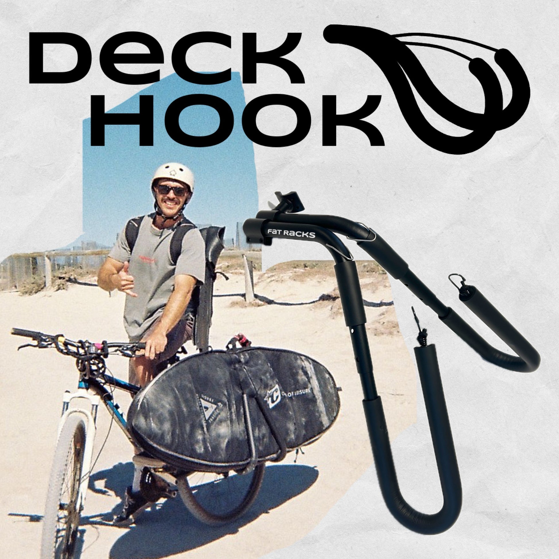Person on bicycle with deck hook surfboard rack 